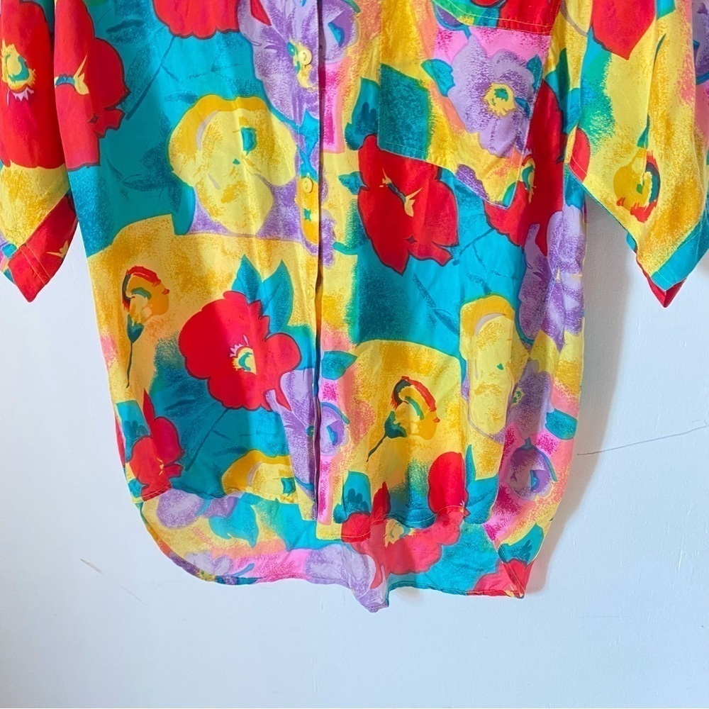 Vintage Silk Hawaiian Shirt Bold Colorful Floral 80s Pop Art‎ Take Away Medium - Picture 3 of 8